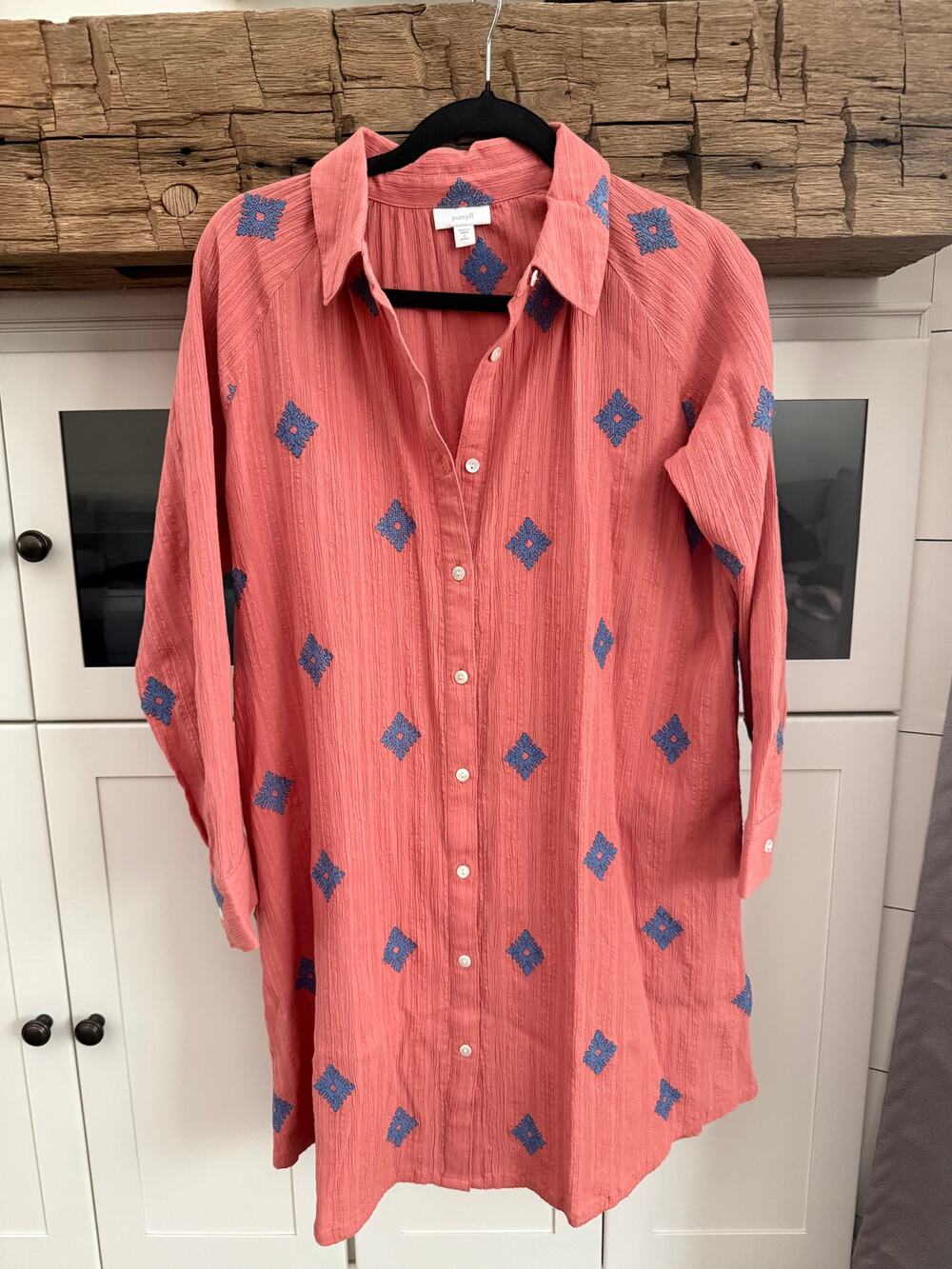 Pure Jill Embroidered Shirtdress Coral Blue Diamond Crinkle Cotton Petite S